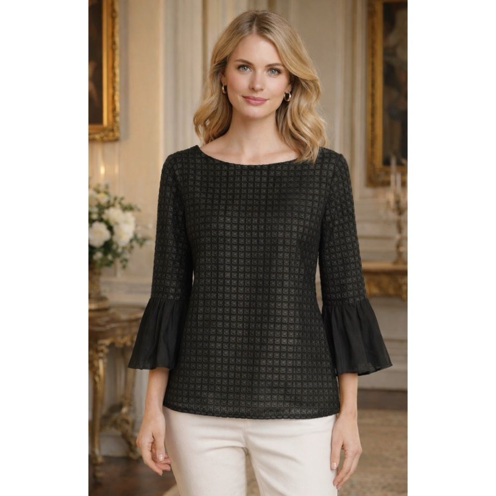 ANN MASHBURN Black Cubes  Textured Blouse with Balloon Sleeves in Black Size M